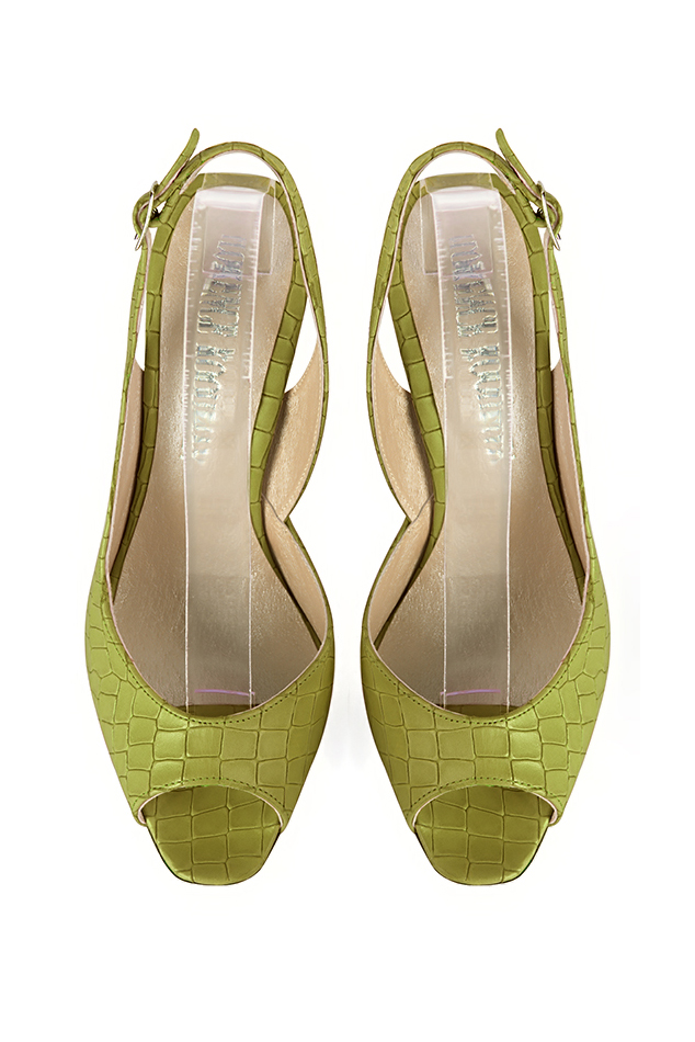 Women's pistachio green elegant peep-toe slingback heels. Round toe. High slim heel - Top view